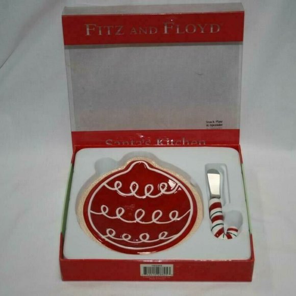 NIB FITZ & FLOYD PLATE & SPREADER - CHRISTMAS ORNAMENT CANDY CANE THEME - Picture 3 of 5